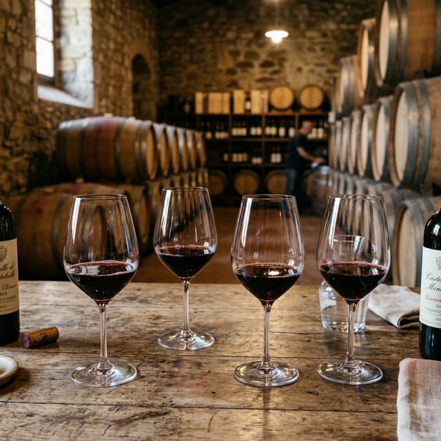 Calici di vino rosso in cantina