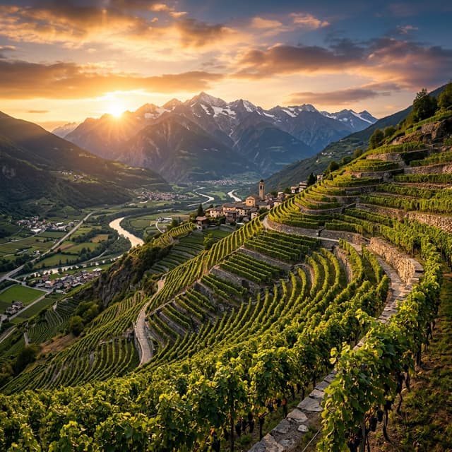 Vigneti terrazzati della Valtellina al tramonto con panorama alpino