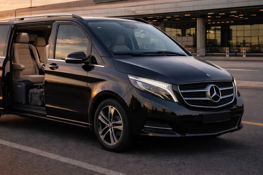 Minivan Mercedes nero con la porta laterale aperta davanti a un terminal aeroportuale