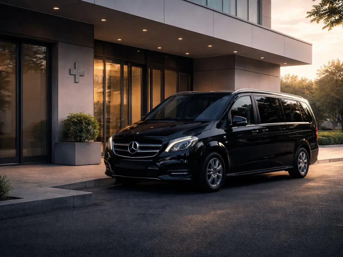 Minivan Mercedes nero davanti all'ingresso di una clinica