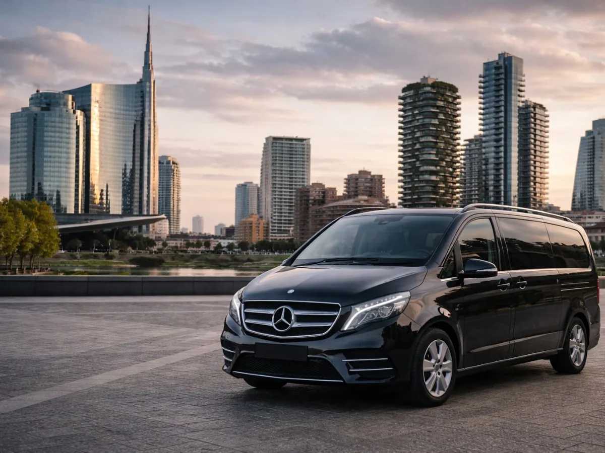 Minivan Mercedes nero davanti ai grattacieli di Milano